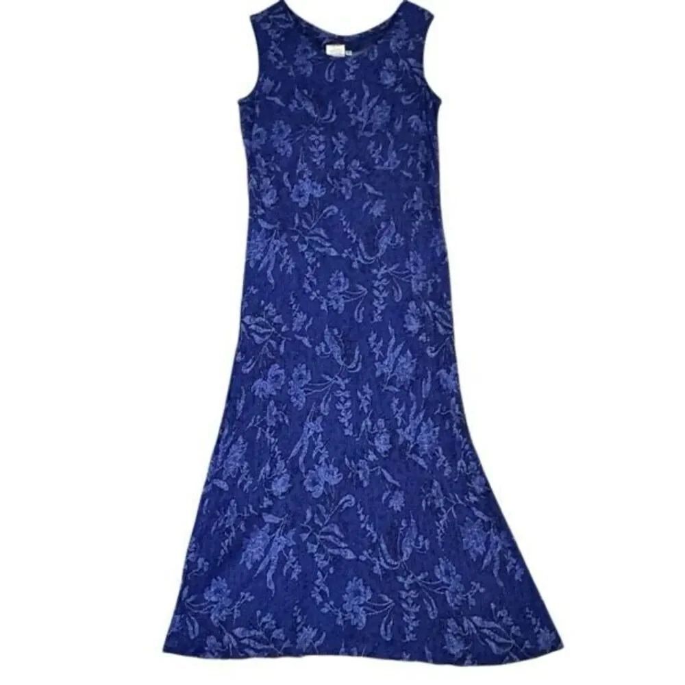Vintage Rayon Blue Floral Sleeveless Maxi Dress 16